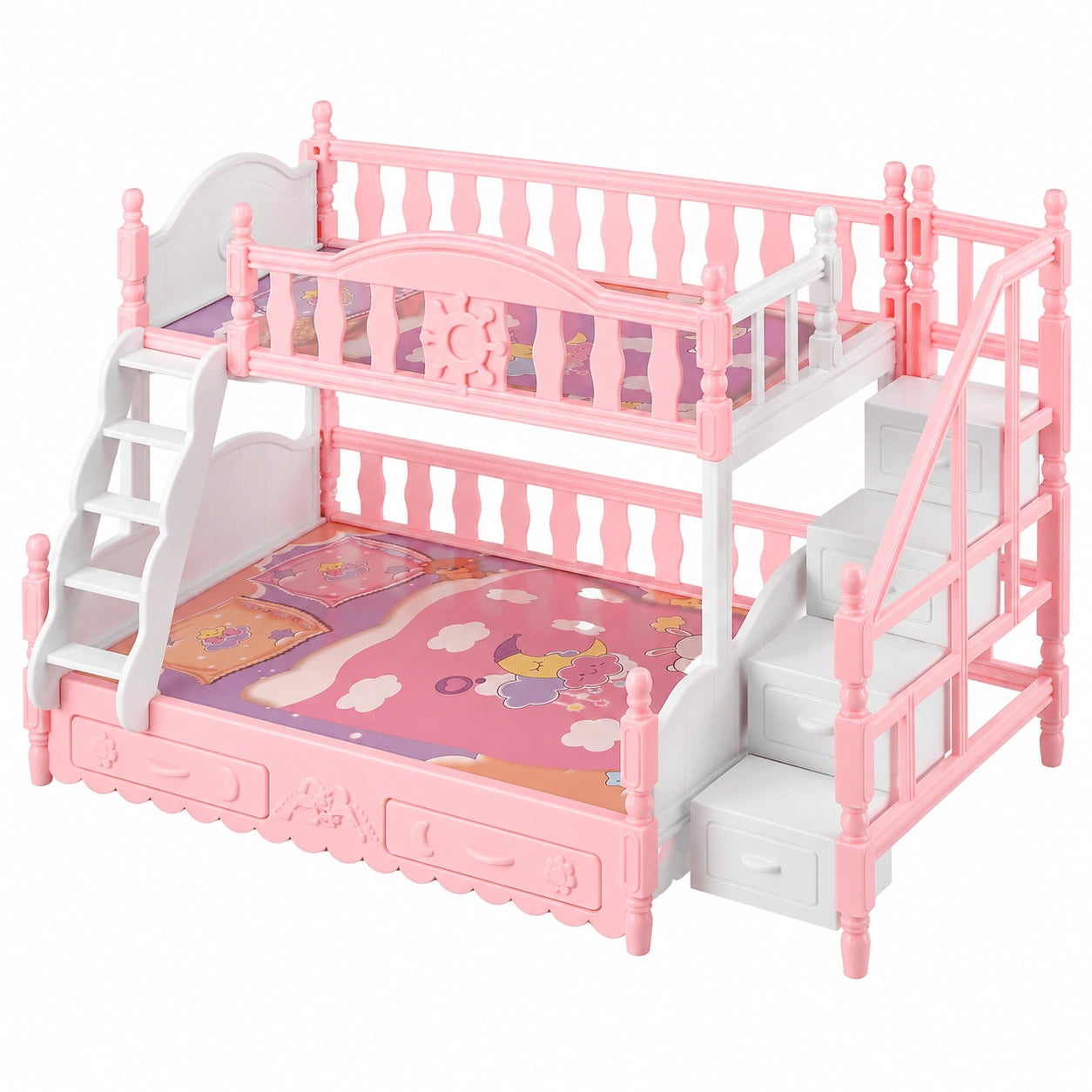 Toddmomy Puppen-Etagenbett Set mit Leiter, Miniatur-Möbel für Puppenhaus, Rosa Puppenstuben-Deko