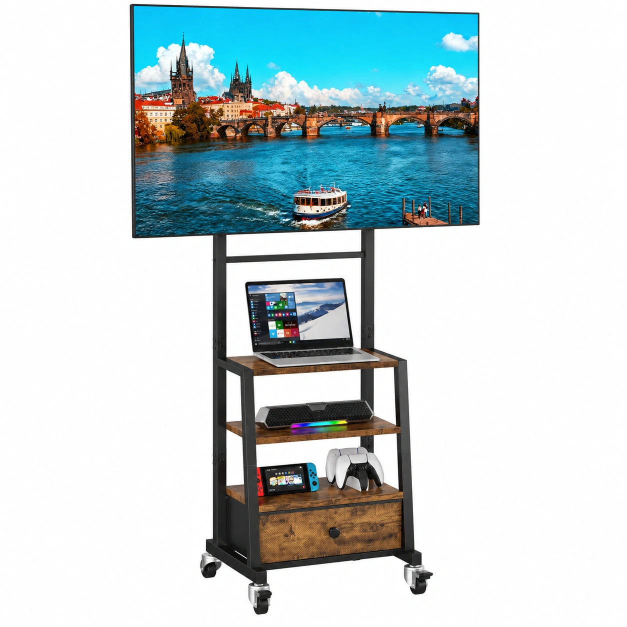 Verstellbarer TV-Wagen mit Stoffschublade und Stauraum, für 32-55 Zoll Fernseher, Retro-Braun, geeignet für Wohnzimmer, Schlafzimmer und Büro