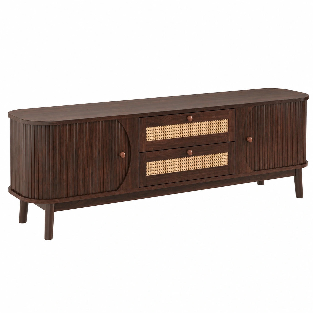 TV-Lowboard 170 cm für Fernseher bis 70 Zoll, Walnussfarbener Fernsehschrank mit Rattan und Stauraum
