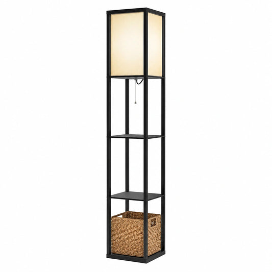 Moderne Stehlampe mit Regal und Lampenschirm, 3 Farbmodi, 1,62m, Schwarz mit Holzregalen für Wohnzimmer, Schlafzimmer, Büro
