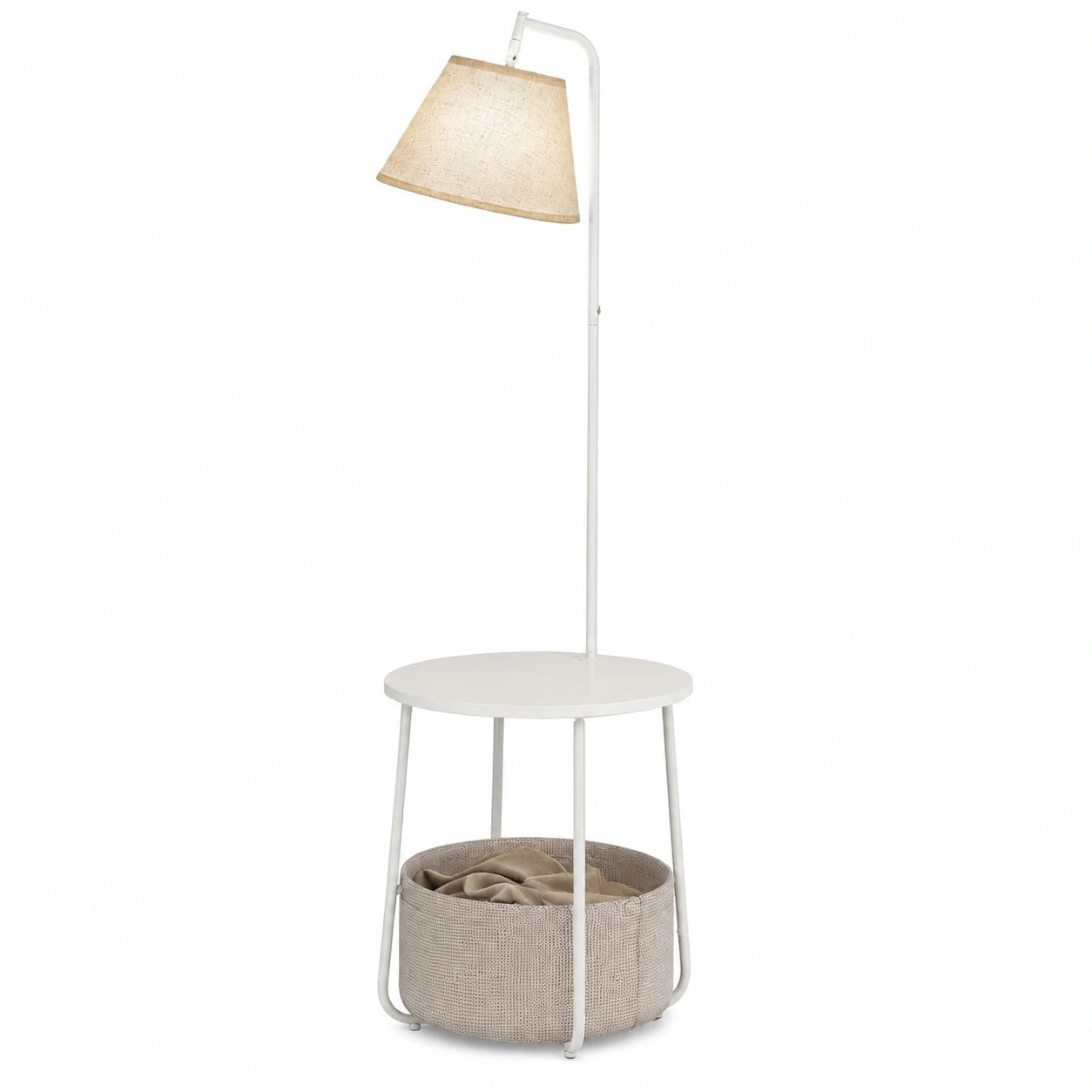 VASAGLE 3-in-1 Tischleuchte mit Ablage und Stoffkorb, LED-Lampe, verstellbarer Schirm, Stahlgestell, mattweiß