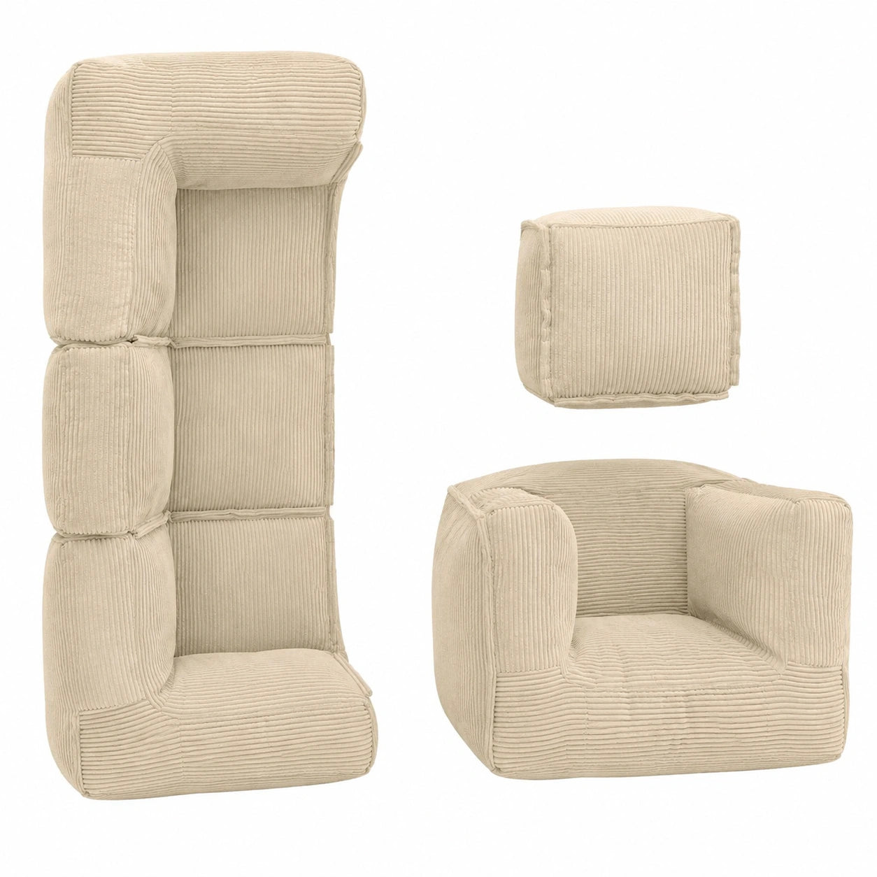LUMALAND Modulares Sitzsack Sofa Set mit Sessel und Pouf | Bequeme EPS-Perlenfüllung | Großes Lounge-Sitzkissen für Wohn-, Schlaf- und Kinderzimmer