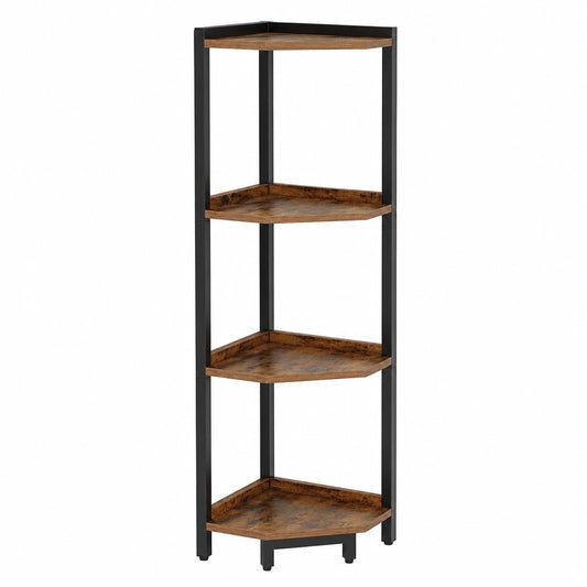 Vintage Eckregal aus Holz, 4 Ebenen für Wohnzimmer oder Büro, 30x30x104,5 cm, Braun-Schwarz