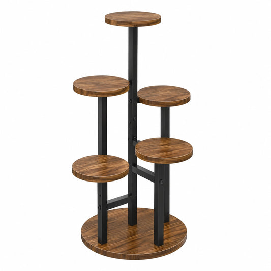 STLOVe Pflanzenständer Holz Metall, 6-stufiges Blumenregal für Innen und Außen, Schwarz