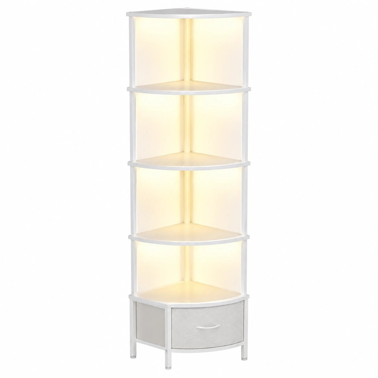 Modernes Eckregal mit LED-Beleuchtung und Stoffschublade, 5 Etagen, 172 cm, Weiß