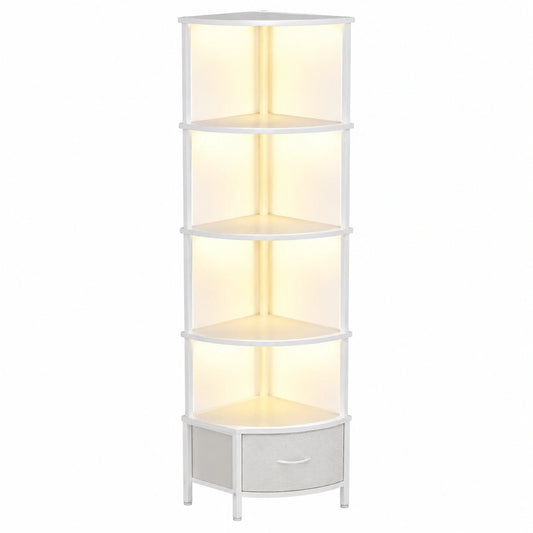 Modernes Eckregal mit LED-Beleuchtung und Stoffschublade, 5 Etagen, 172 cm, Weiß