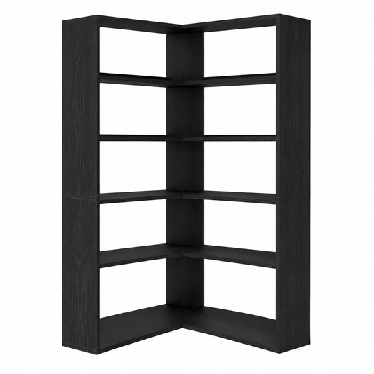 Eckregal aus Holz 180cm, 6 Ebenen, L-förmiger Aufbewahrungsschrank, Schwarz