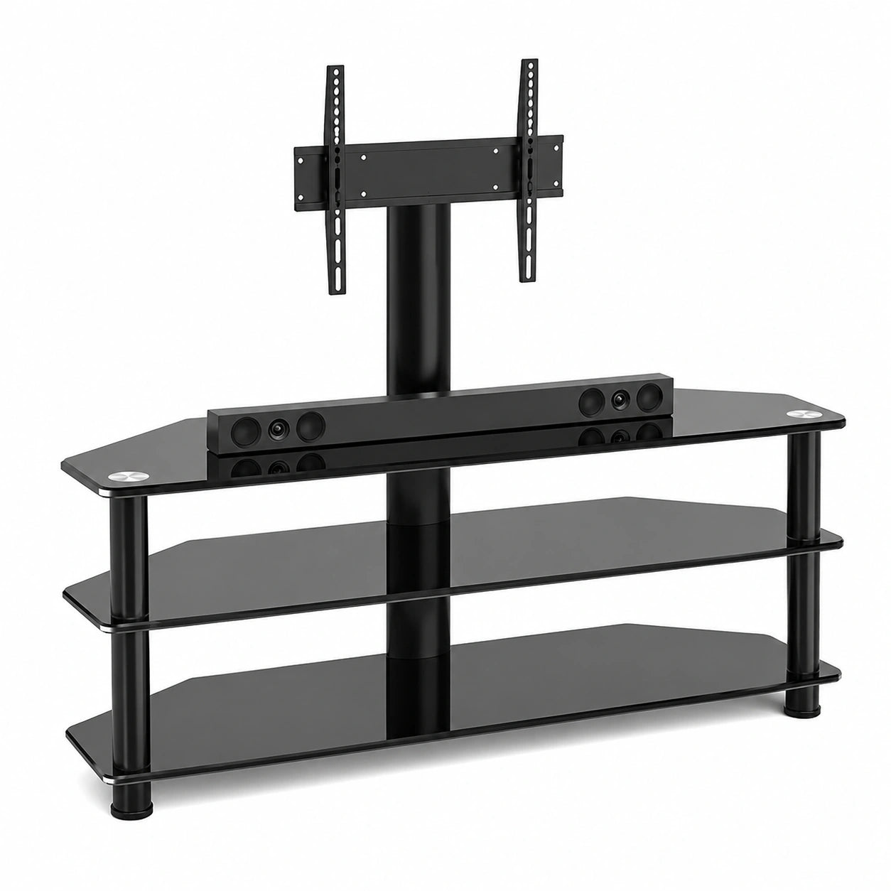 Rfiver TV-Regal mit Glasböden, drehbar und höhenverstellbar für 32-70 Zoll Fernseher, Eckschrank mit 3 Regalen, bis zu 50 kg VESA 600x400mm