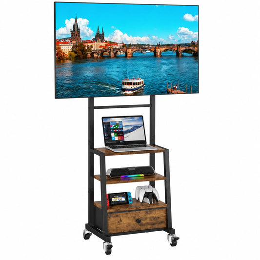 Verstellbarer TV-Wagen mit Stoffschublade und Stauraum, für 32-55 Zoll Fernseher, Retro-Braun, geeignet für Wohnzimmer, Schlafzimmer und Büro