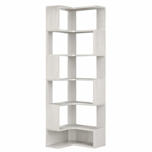 Eckregal 6 Ebenen von IRONCK, 204cm hoch, L-förmig mit Schutzleiste, Offenes Holzregal für Wohnzimmer, Büro und Schlafzimmer, Weiß