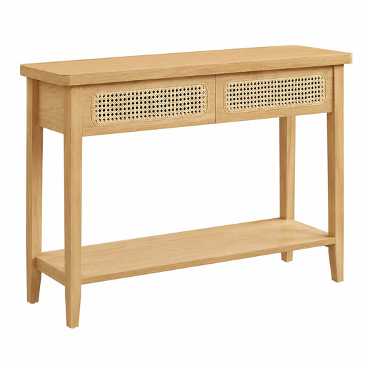 VASAGLE Boho Konsolentisch mit Schubladen, schmaler Flurtisch, offene Ablage in Eichenbeige