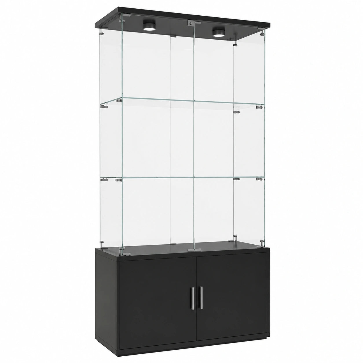 Moderne Glasvitrine mit LED-Beleuchtung, 4 Türen und 3 Einlegeböden, Holzsockel, perfekt für Sammlungen im Wohnzimmer oder Barbereich