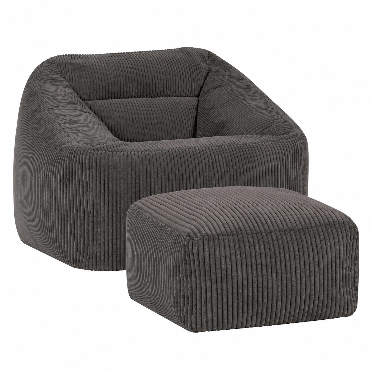 Bequemer Sitzsack Sessel mit Hocker, Dunkelgrau, Weicher Cordstoff, Ideal für Wohnzimmer und Büro