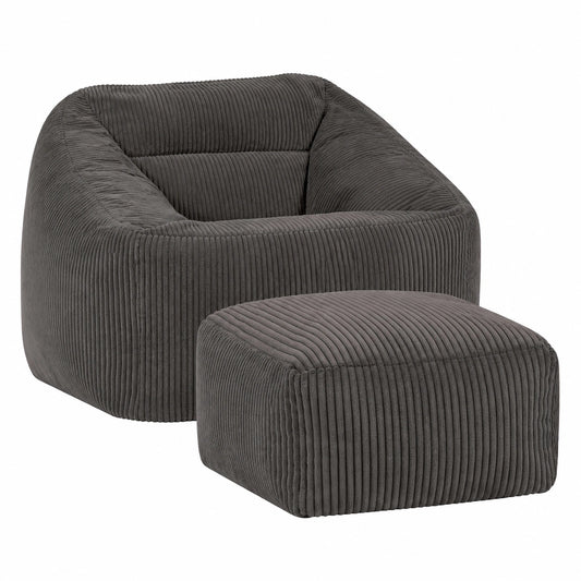 Bequemer Sitzsack Sessel mit Hocker, Dunkelgrau, Weicher Cordstoff, Ideal für Wohnzimmer und Büro