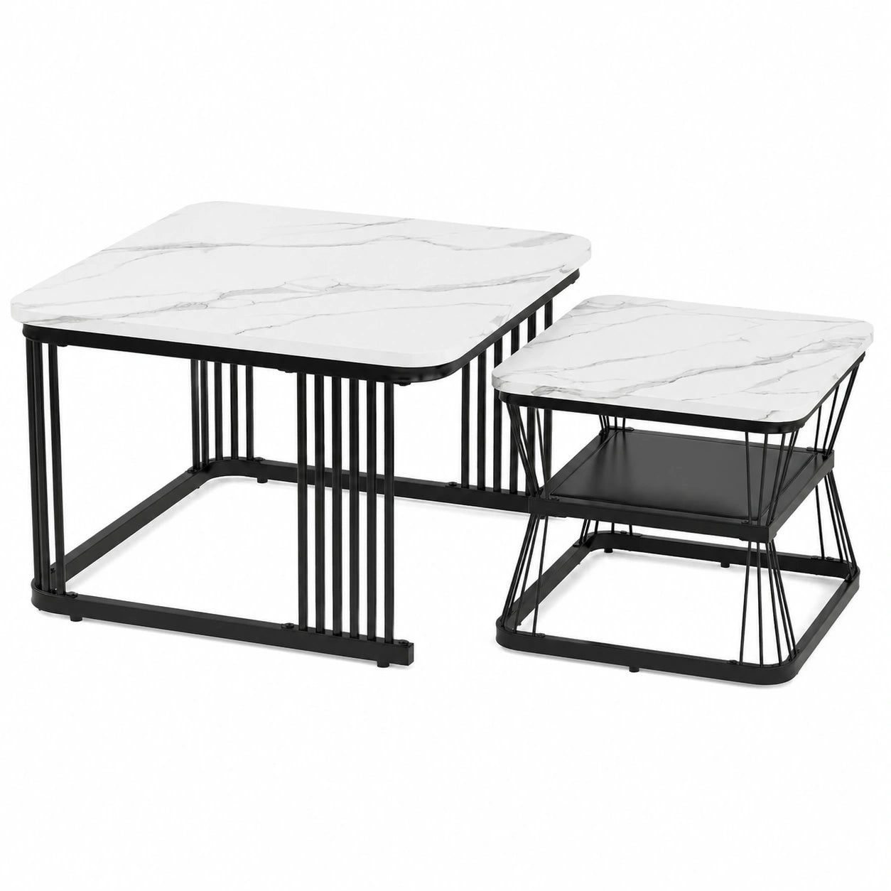 Moderner Merax Couchtisch im 2er-Set mit Marmoroptik und Stauraum, für Wohnzimmer, Balkon und Büro, Metallrahmen, Weiß und Schwarz