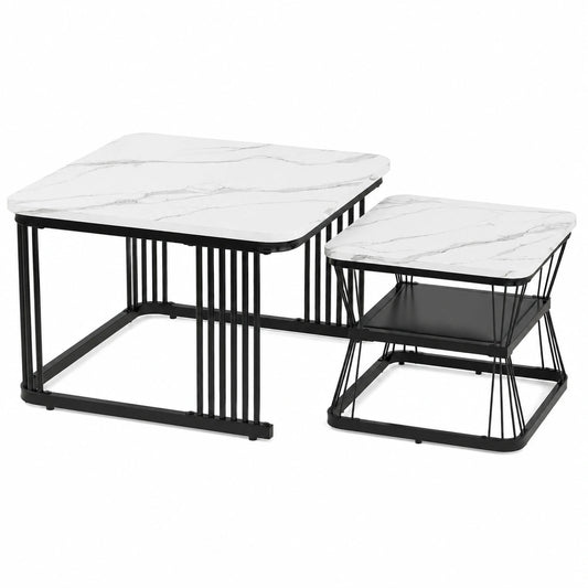 Moderner Merax Couchtisch im 2er-Set mit Marmoroptik und Stauraum, für Wohnzimmer, Balkon und Büro, Metallrahmen, Weiß und Schwarz